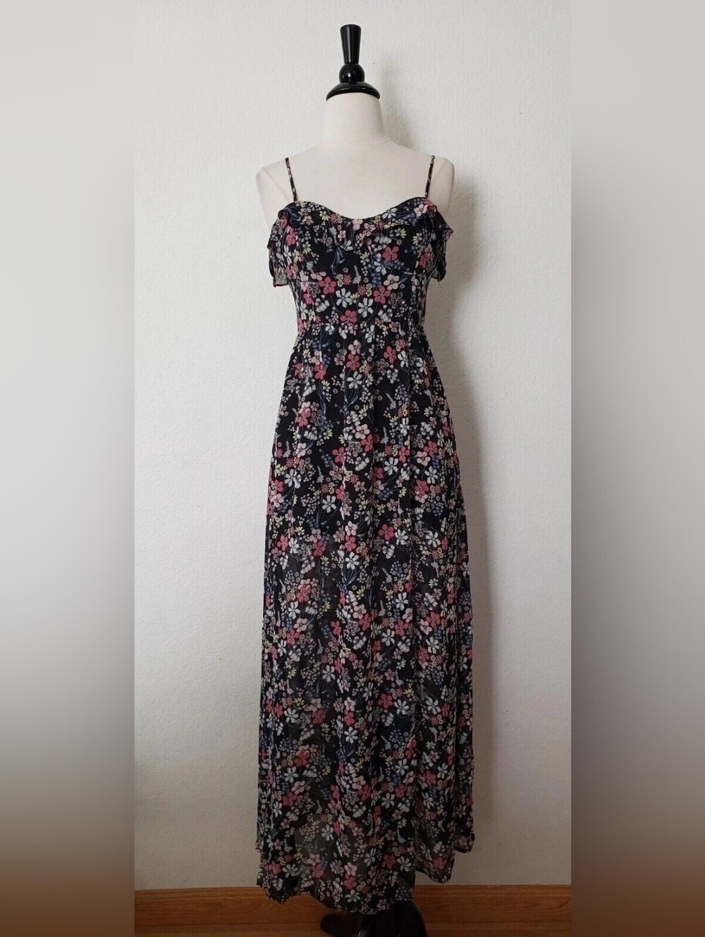 Floral Ruffle Maxi Dress - Navy with Pink & White Flowers